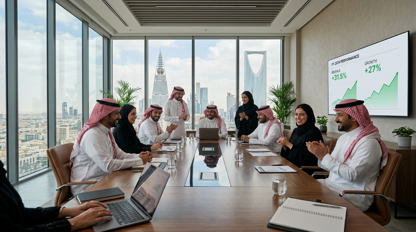 Saudi business team discussing sales strategy and business growth during a corporate meeting